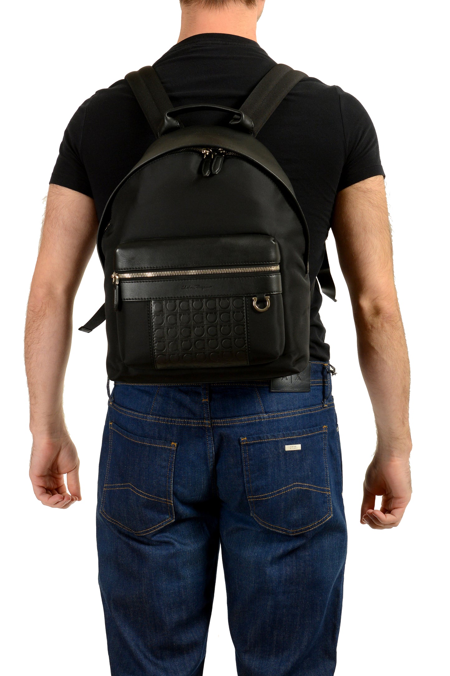 Salvatore Ferragamo Unisex Black Leather & Canvas Logo Print Backpack