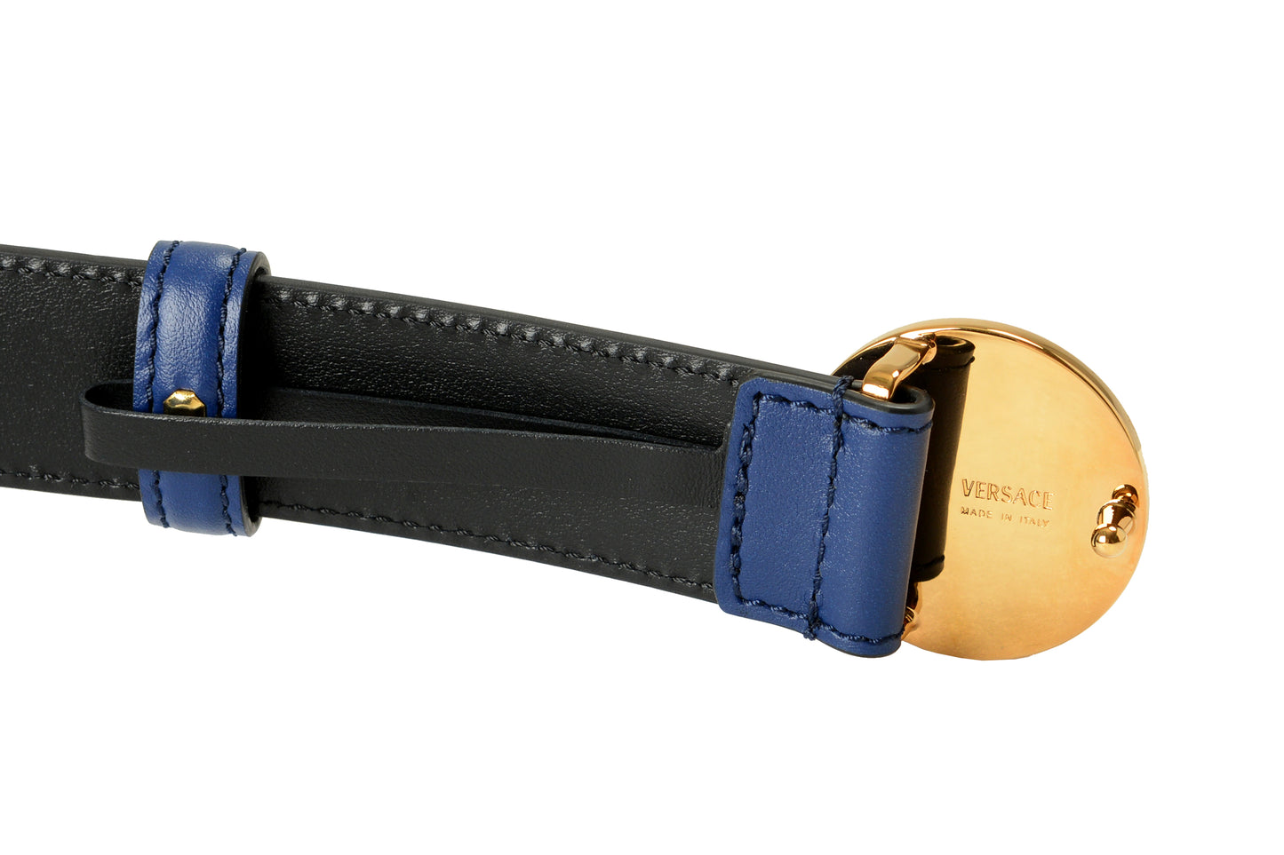 Versace Royal Blue 100% Leather Gold Medusa Head Decorated Belt US 32 IT 80