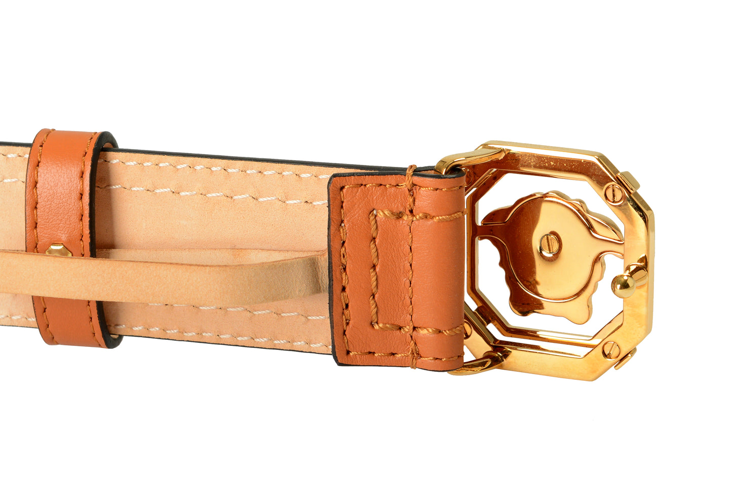 Versace Cognac Brown 100% Leather Gold Medusa Head Decorated Belt US 42 IT 105