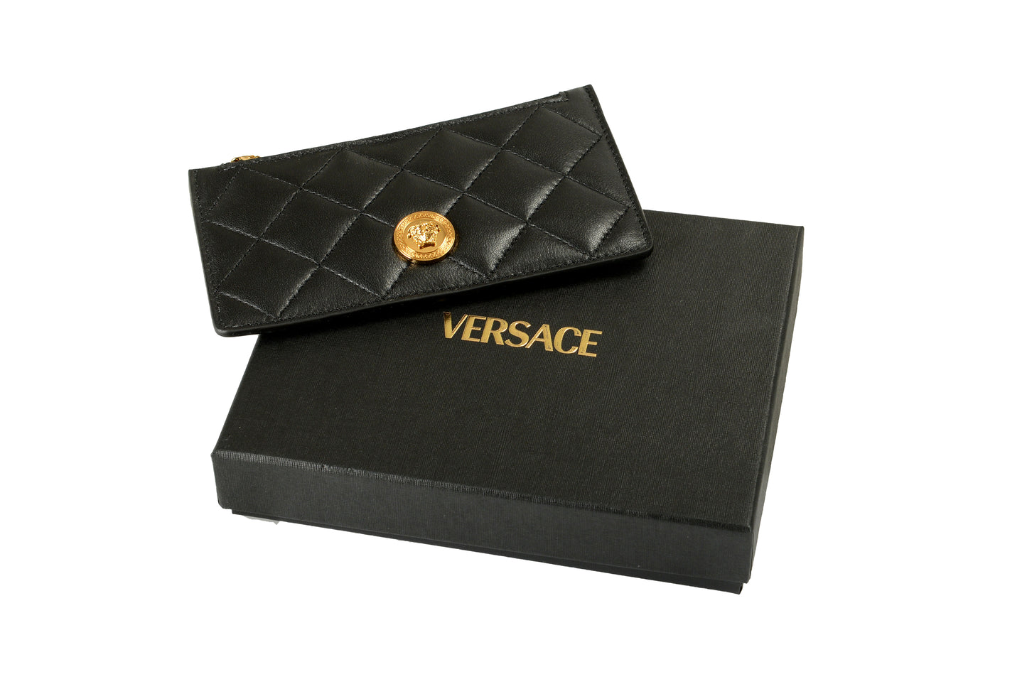 Versace Black Quilted 100% Leather Gold Medusa Head Card Case Wallet