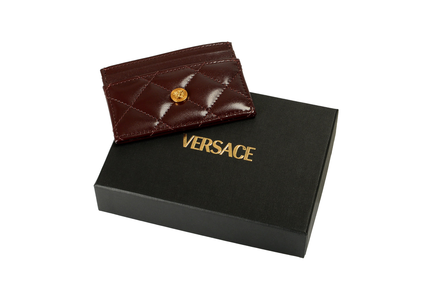 Versace Burgundy 100% Quilted Leather Gold Medusa Card Case Holder
