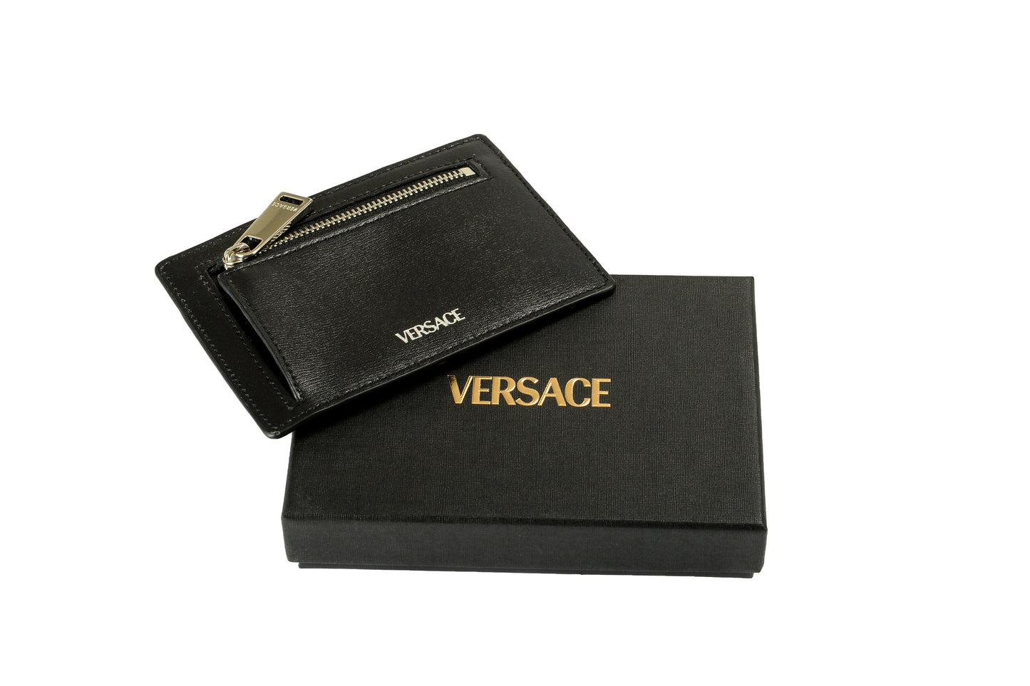 Versace Black 100% Leather Silver Logo Print Card Case Holder