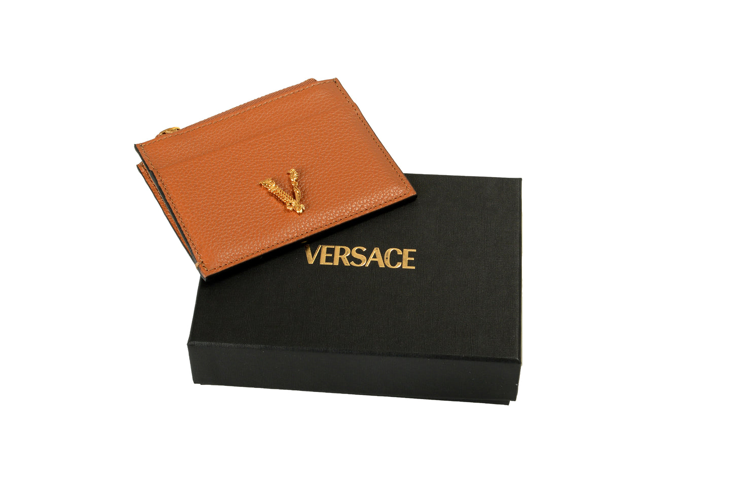 Versace Women's Cognac Brown 100% Textured Leather V-Logo Card Case