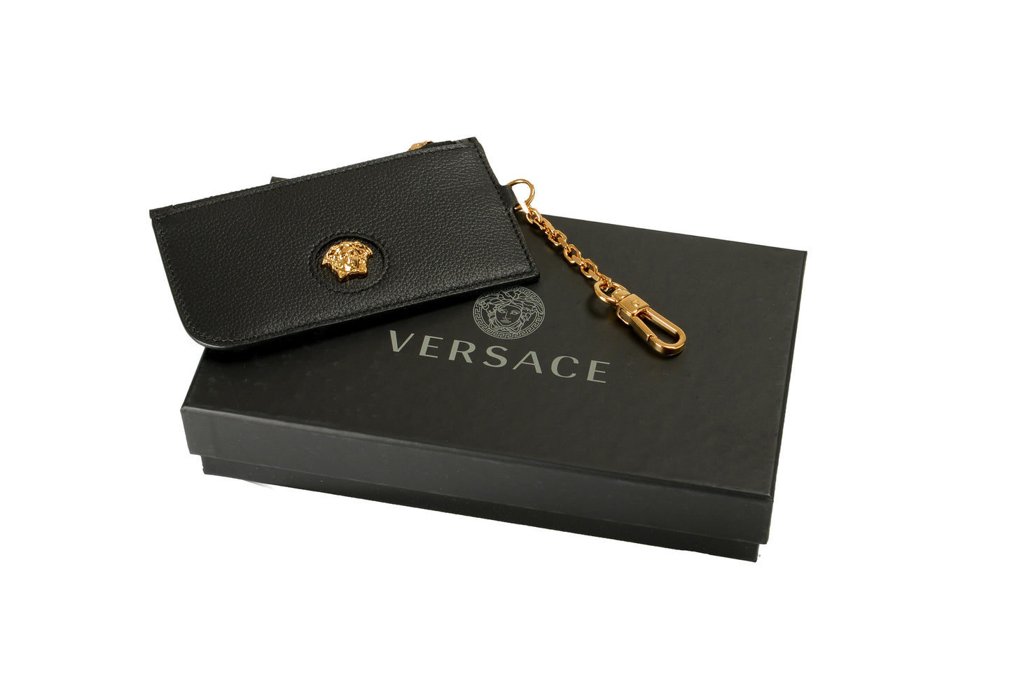 Versace Black 100% Textured Leather Gold Medusa Head Card Case Keychain