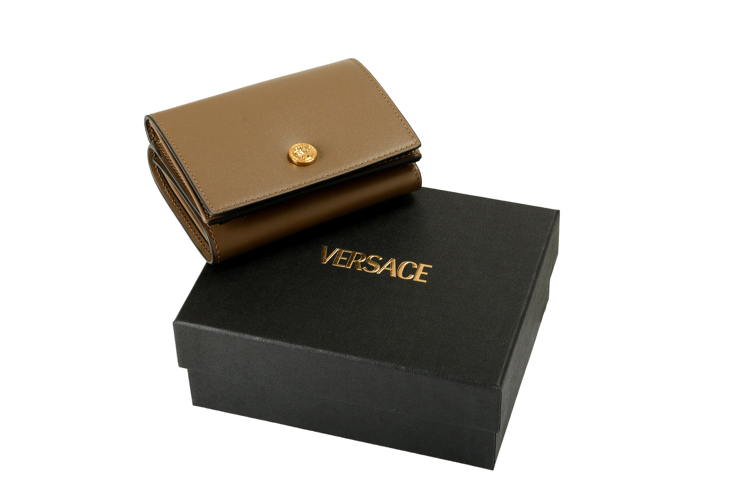 Versace Chestnut 100% Leather Gold Medusa Head Trifold Wallet