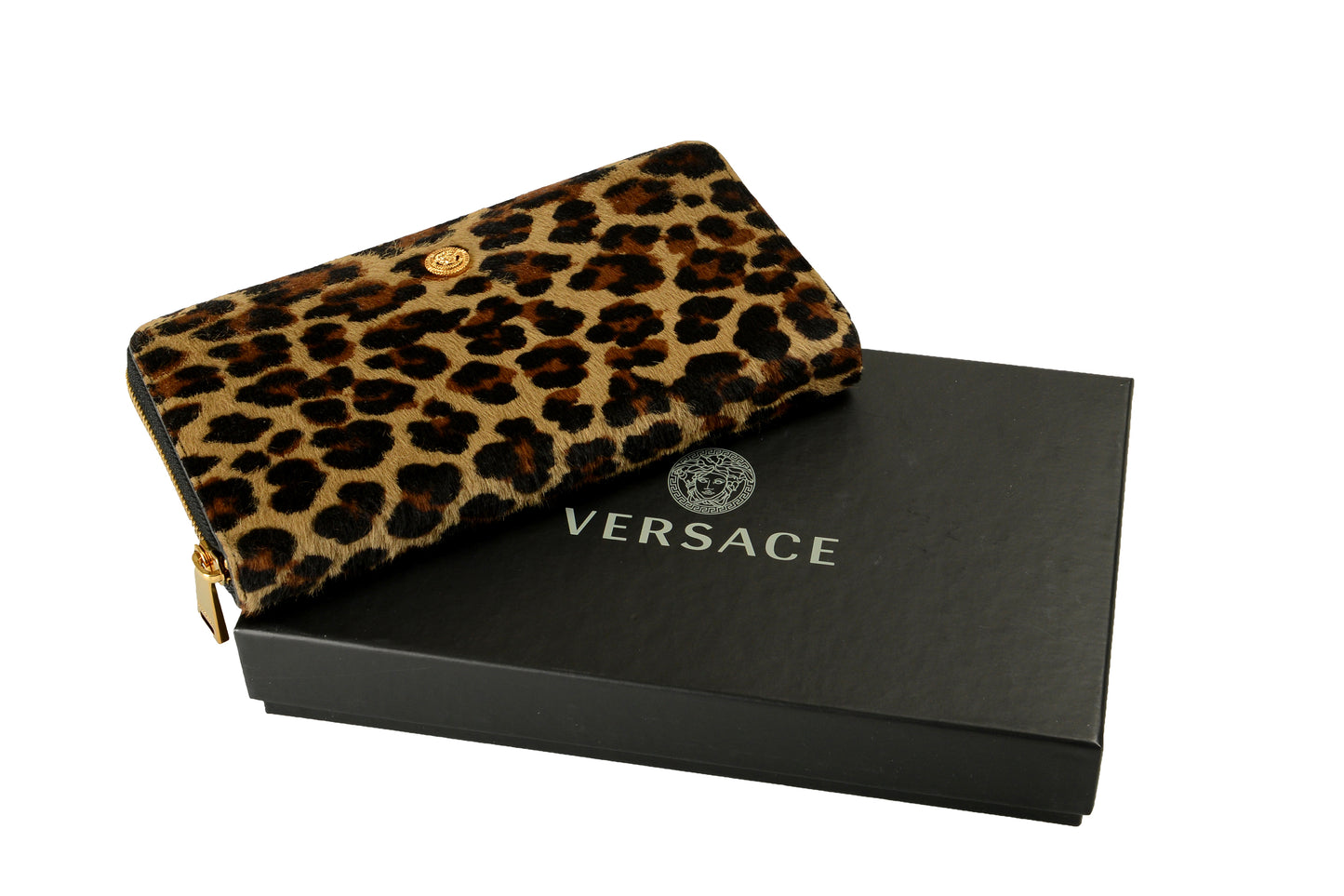Versace Pony Hair Leather Gold Medusa Head Leopard Print Zip Around Wallet