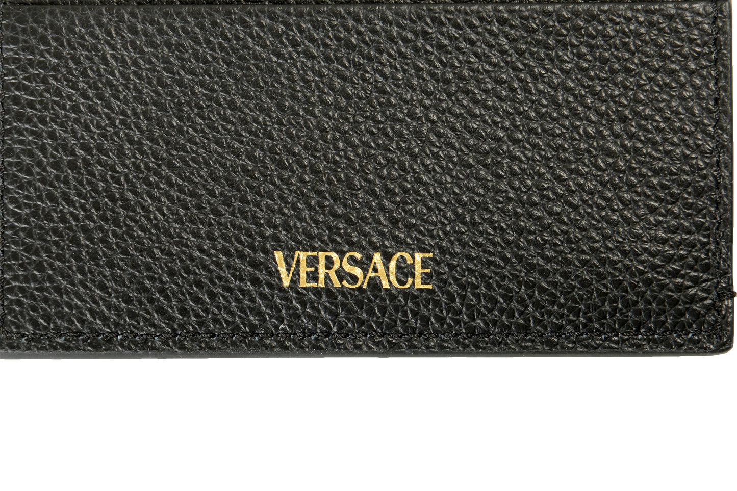 Versace Black 100% Textured Leather V-Logo Card Case