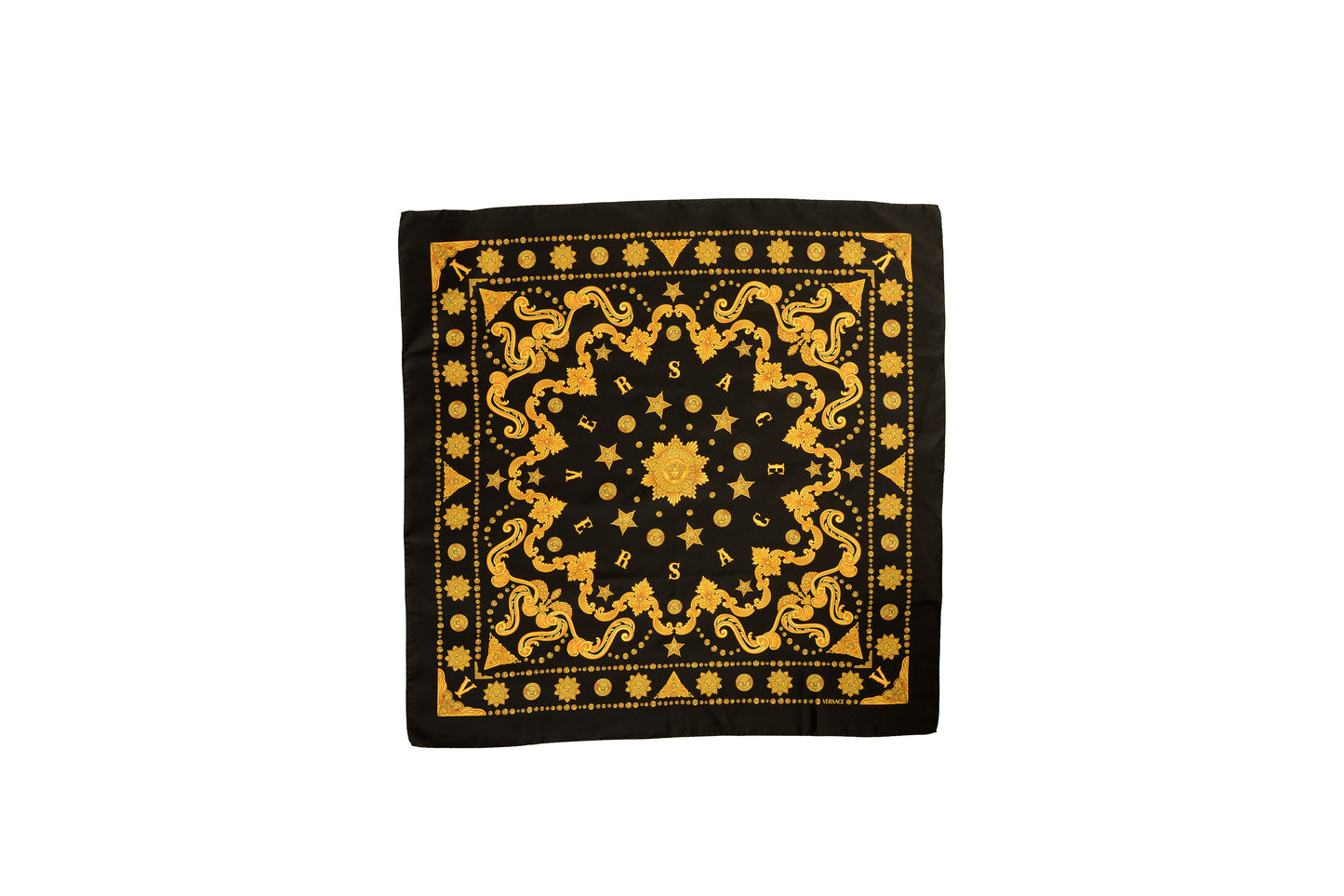 Versace Black & Gold Versace Signature Print 100% Silk Shawl Scarf Bandana