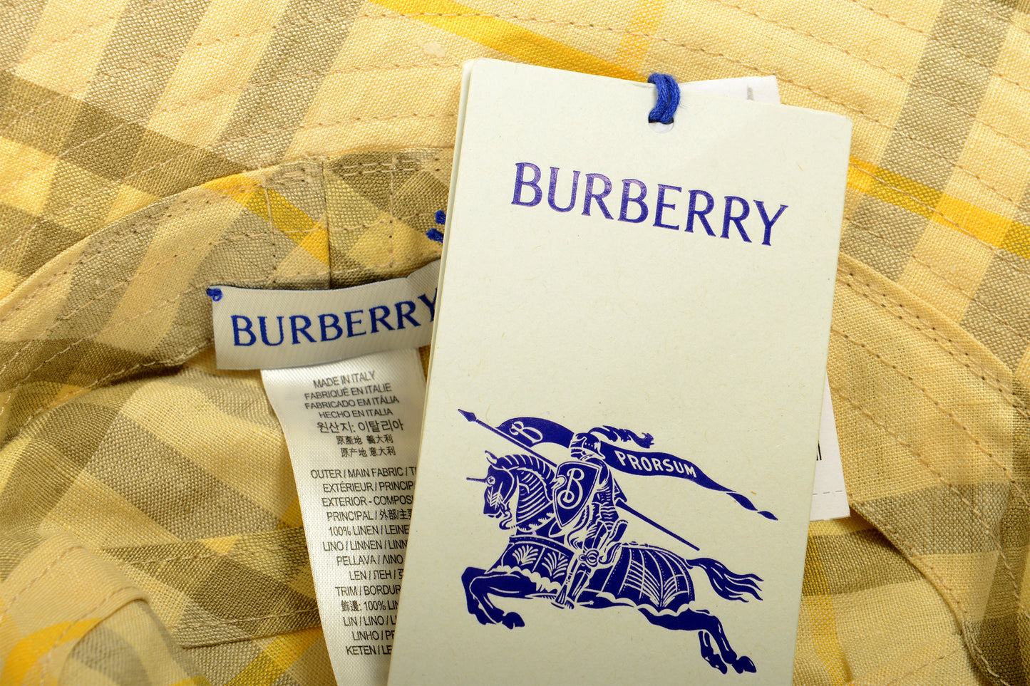 Burberry "Classic Bucket" 100% Linen Check Print Bucket Hat Size M