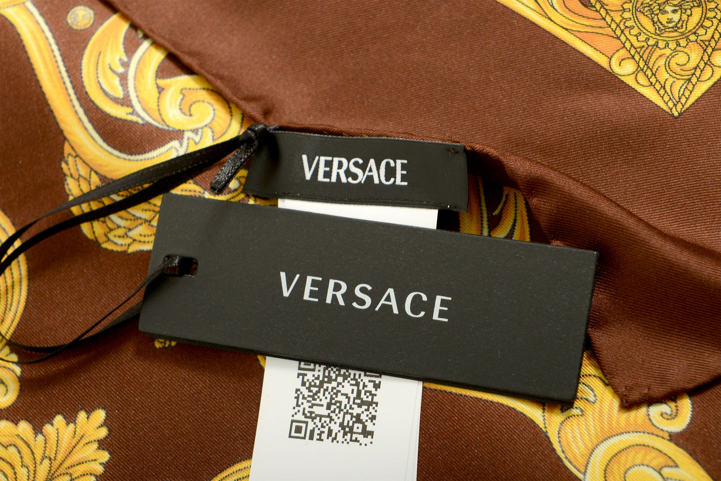Versace Chocolate & Gold Versace Signature Print 100% Silk Shawl Scarf Bandana