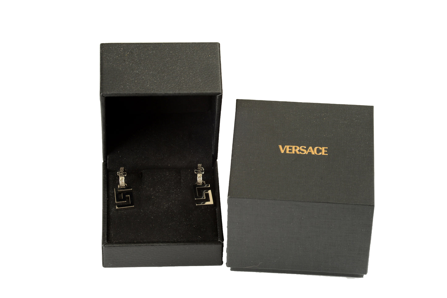 Versace Silver Color Metal Greeca Logo Stud Earrings