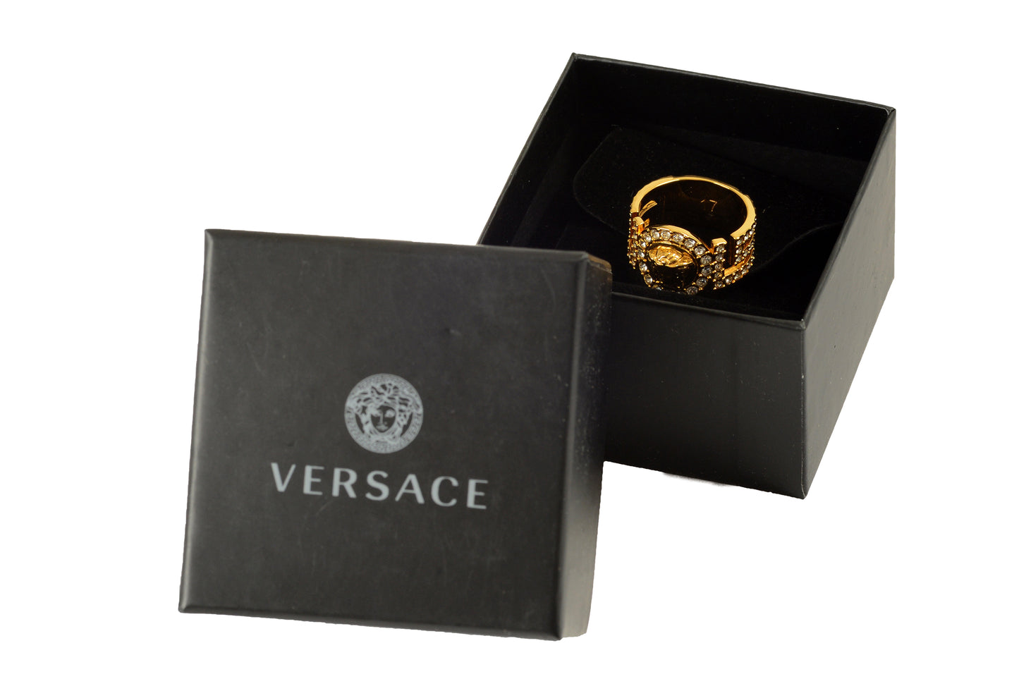 Versace Gold Color Metal Medusa Head Logo Strass Statement Ring Italy Sz 25