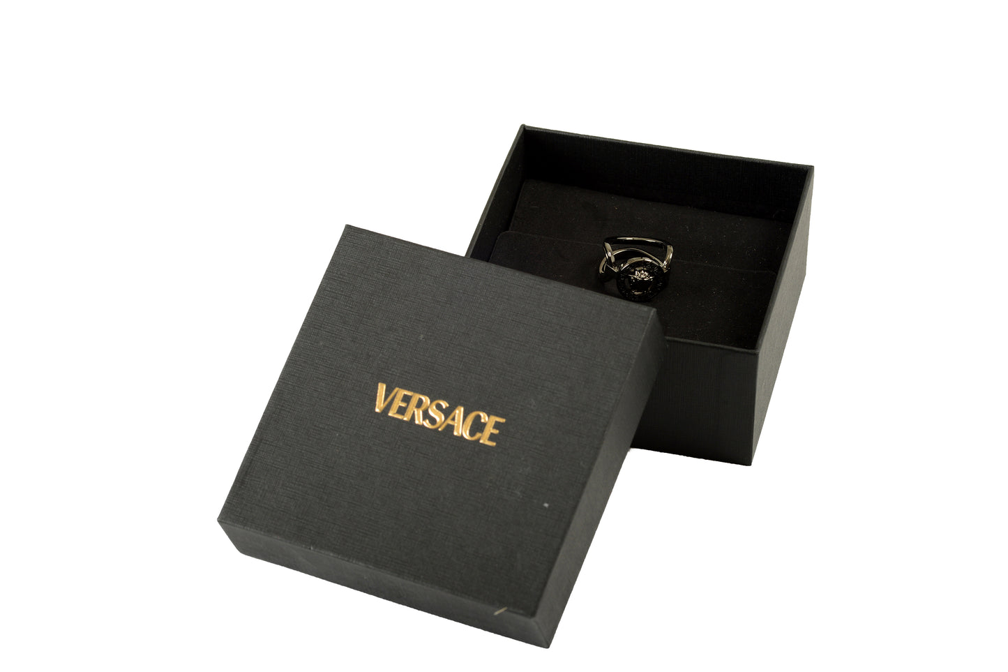 Versace Metal Gun Color Metal Medusa Head Logo Statement Ring Italy Sz 15