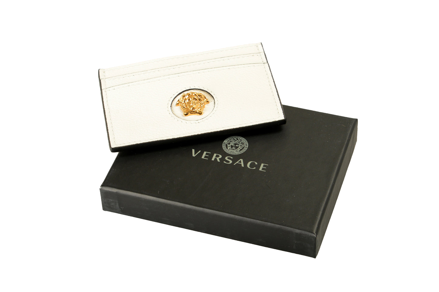 Versace White 100% Leather Gold Medusa Card Case Holder