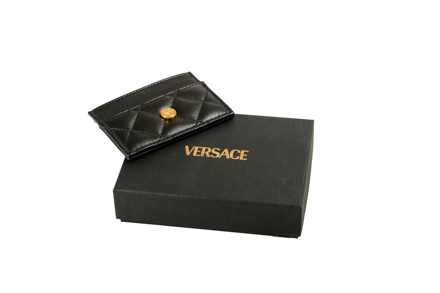 Versace Black 100% Quilted Leather Gold Medusa Card Case Holder