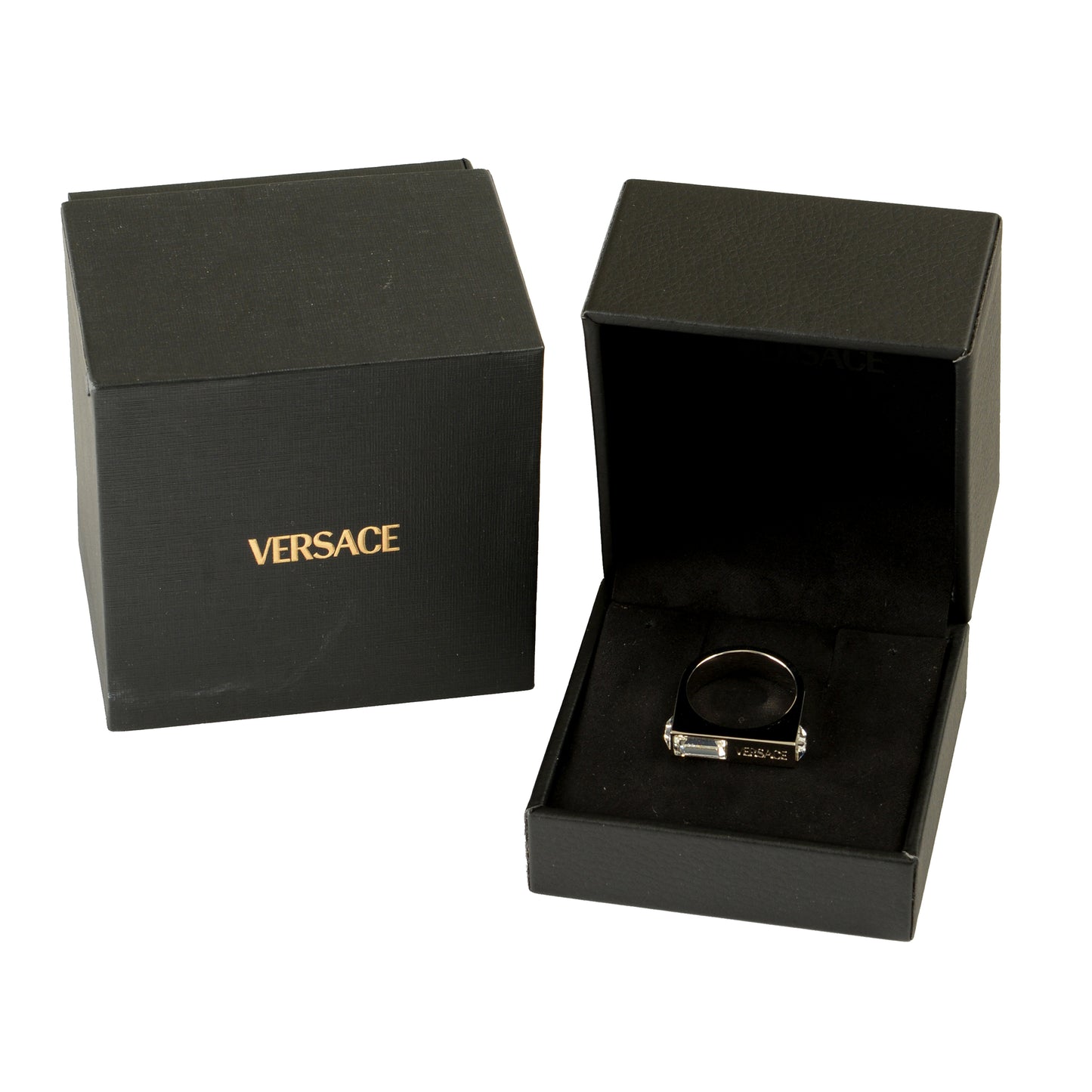 Versace Silver Color Metal & Strass Logo Engraved Statement Ring Italy Sz 23