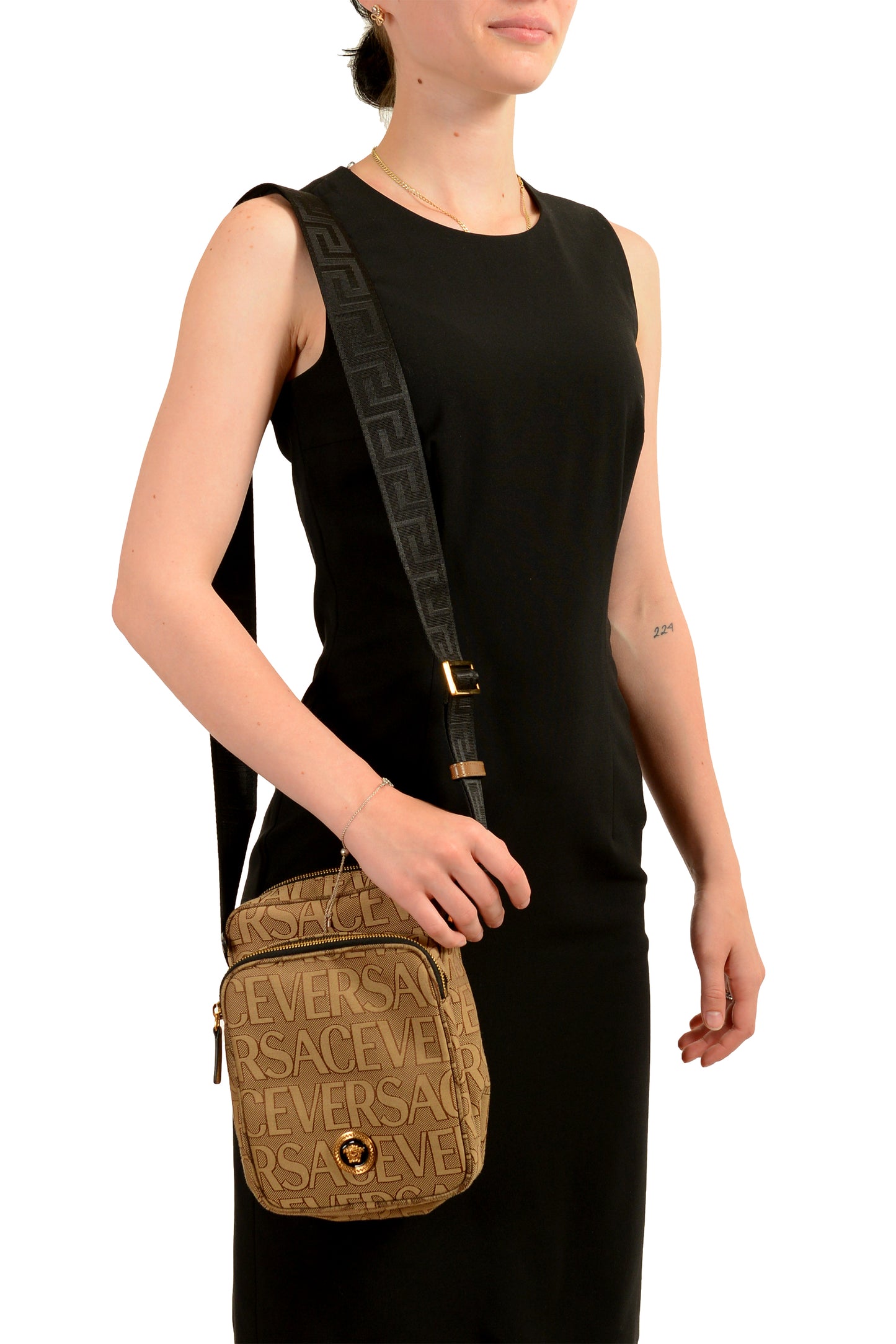 Versace Unisex Gold Medusa Logo Print Canvas Crossbody Shoulder Bag