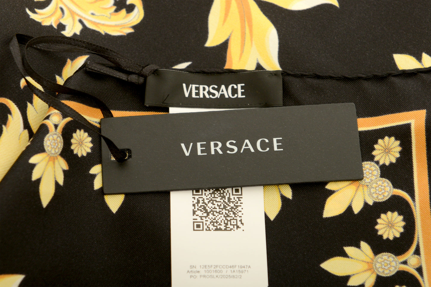 Versace Black & Gold Versace Signature Print 100% Silk Shawl Scarf Bandana