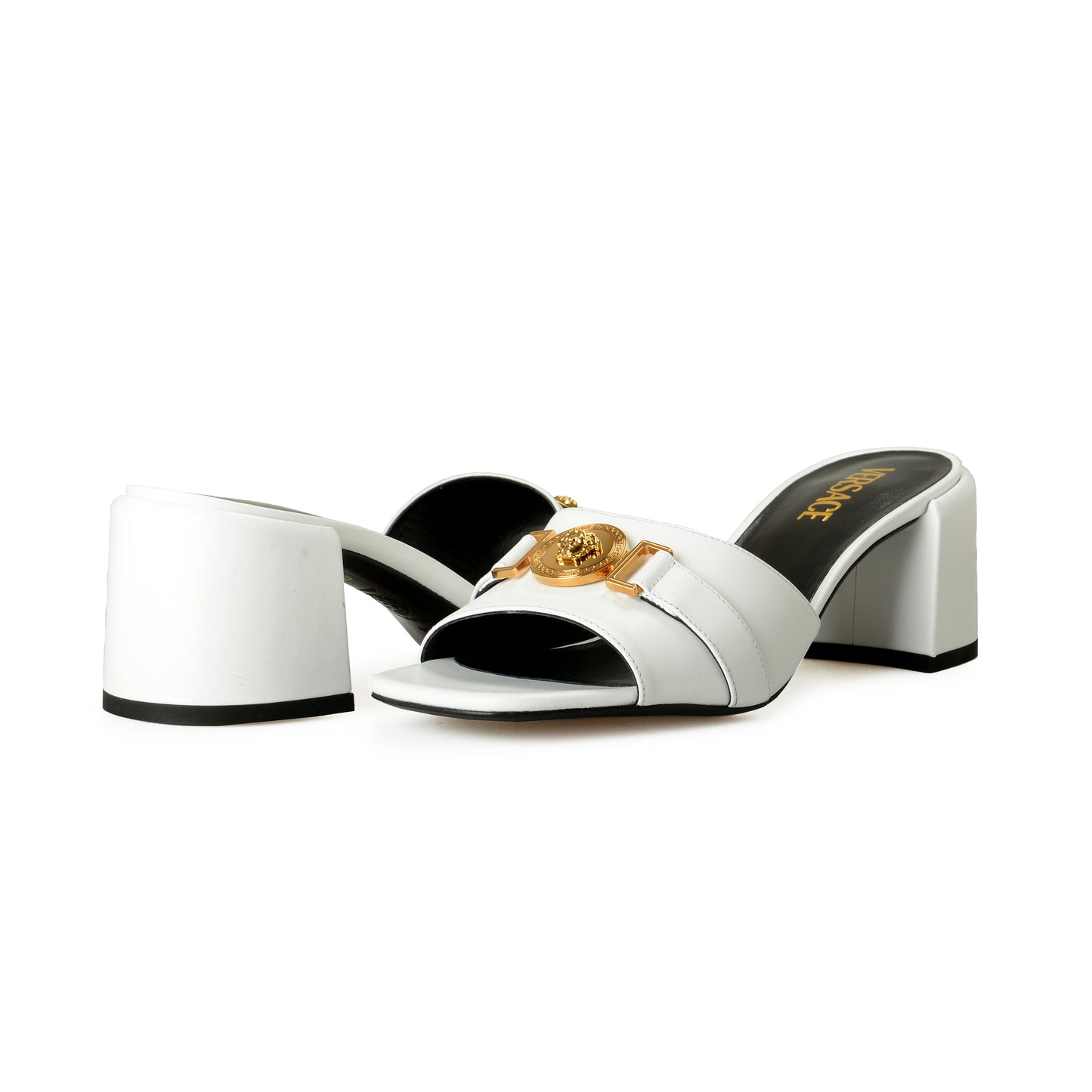 Versace Women's White Gold Medusa Heeled Sandals Mules Shoes US 5 IT 35