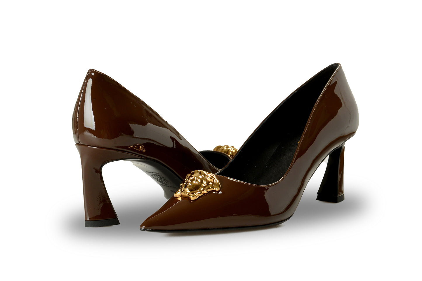 Versace Women's Gold Medusa Chocolate Patent Leather Pump Shoes US 9 IT 39