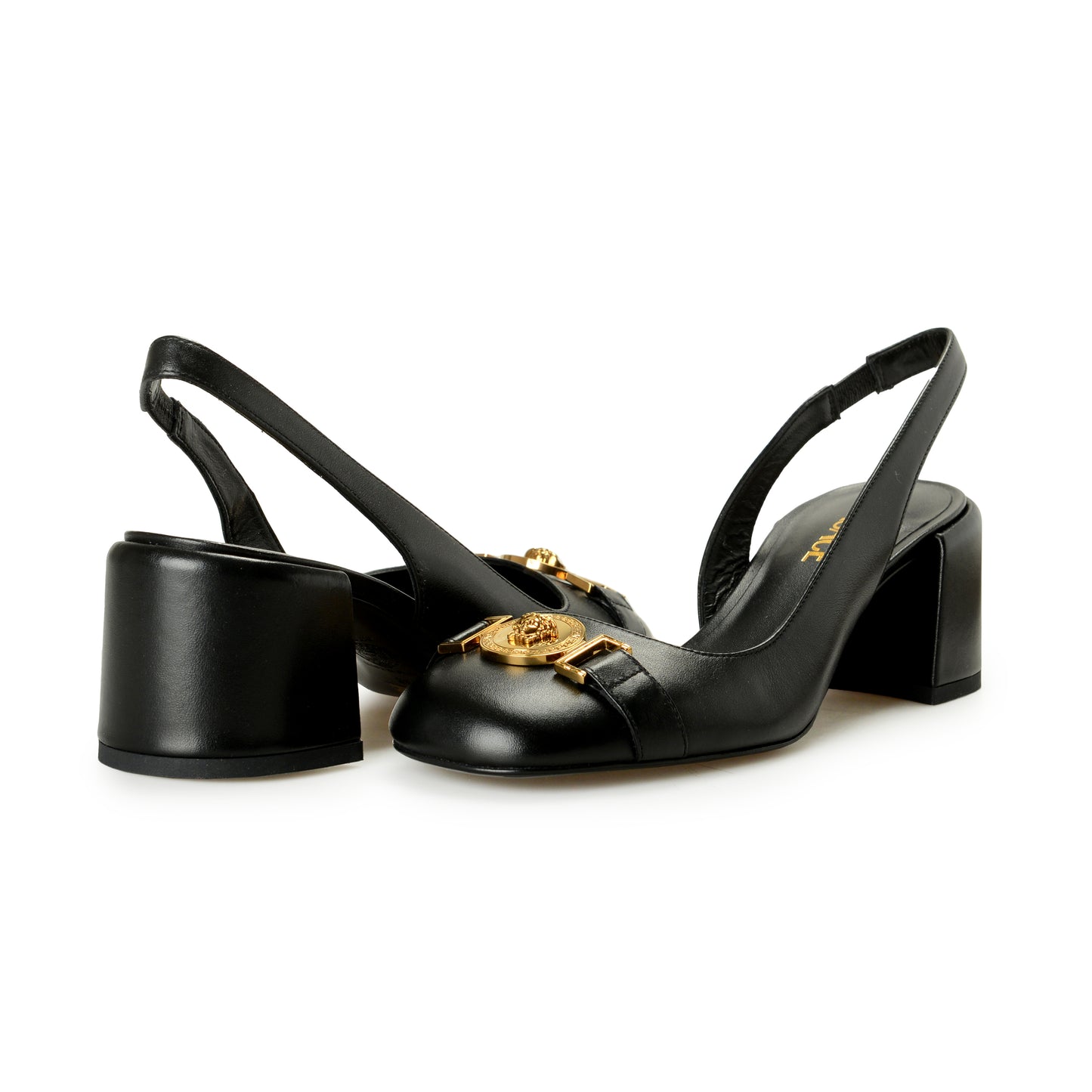Versace Women's Leather Gold Medusa Heeled Slingback Pumps Shoes US 8 IT 38