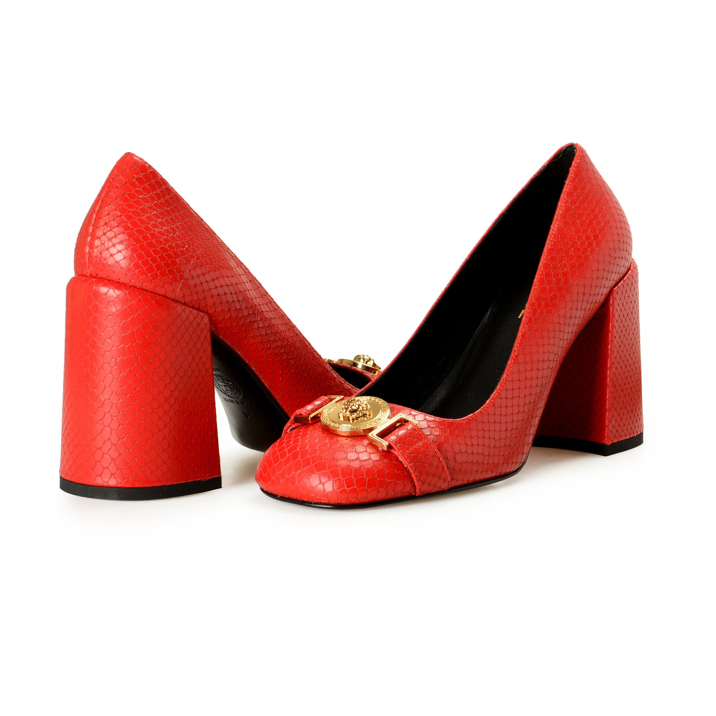 Versace Women's Gold Medusa Red Leather High Heel Pump Shoes US 7 IT 37