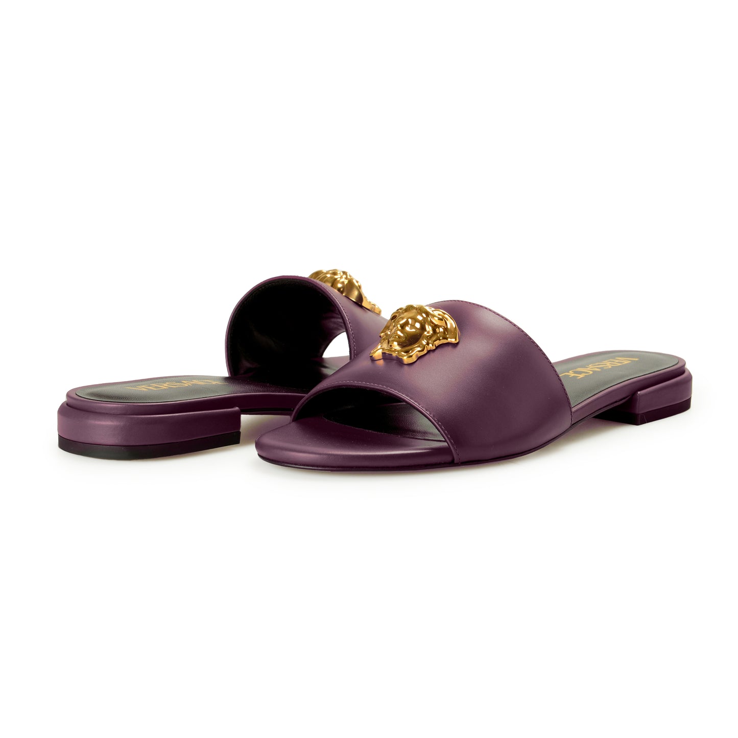 Versace Women's Plum Purple Gold Medusa Heeled Sandals Mules Shoes US 5 IT 35