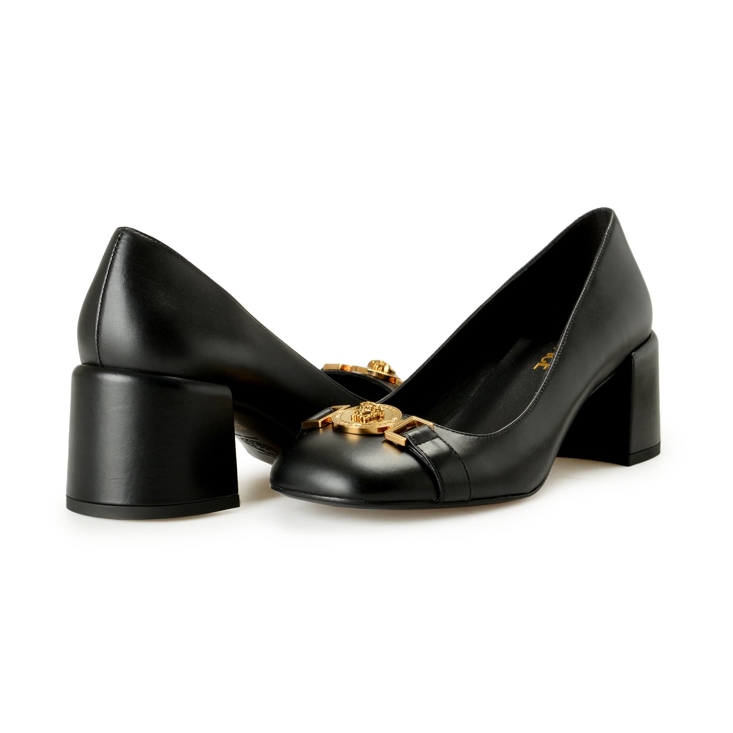 Versace Women's Gold Medusa Black Leather Heeled Pump Shoes US 6 IT 36