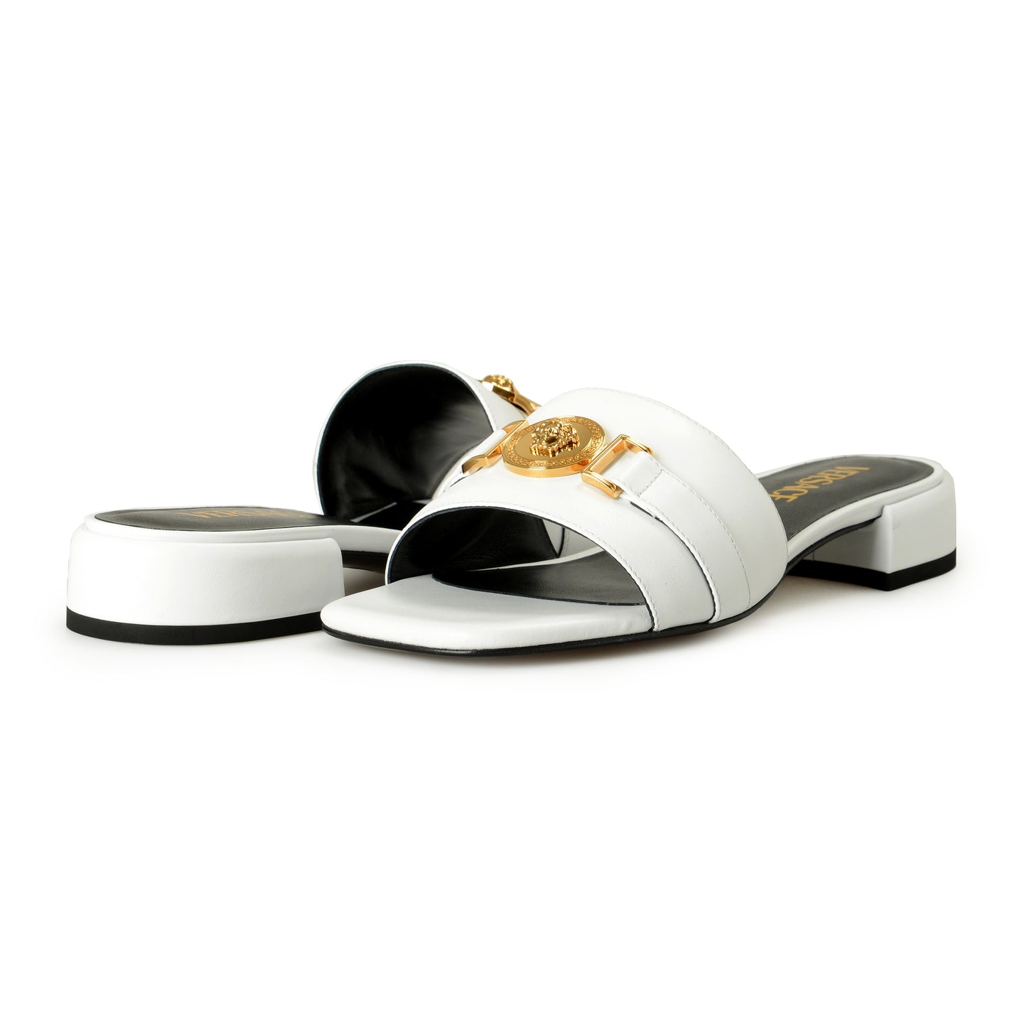 Versace Women's White Leather Gold Color Medusa Sandals Mules Shoes US 5 IT 35
