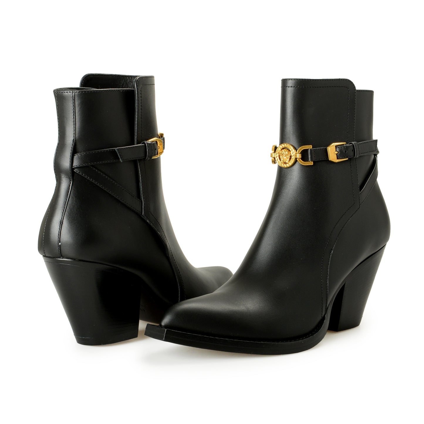Versace Women's Black Leather Gold Medusa Heeled Booties Shoes US 10 IT 40