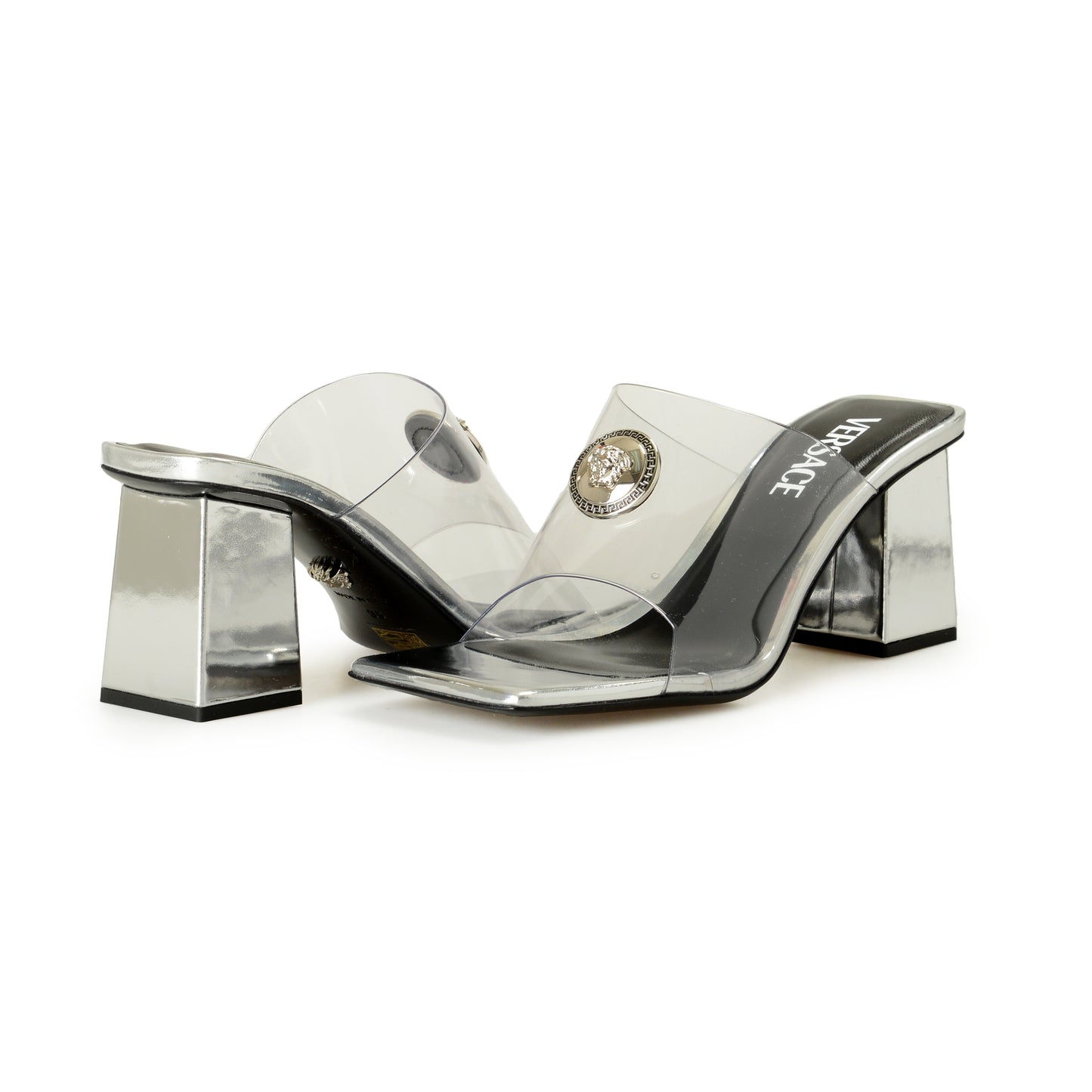 Versace Women's Silver Leather Transparent Heeled Sandals Mules Shoes US 6 IT 36