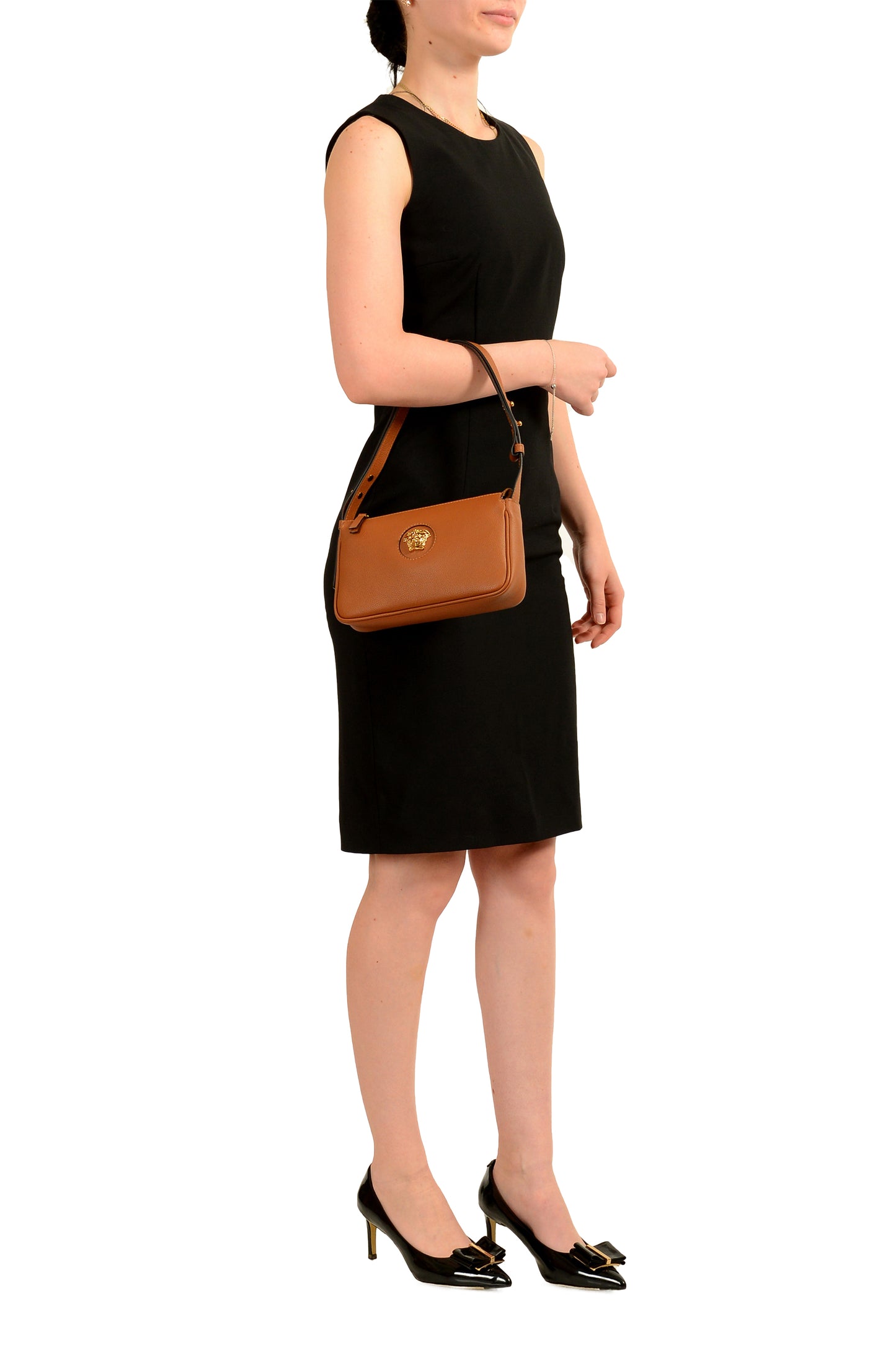 Versace Brown Grained Leather Gold Medusa Small Handbag Shoulder Bag