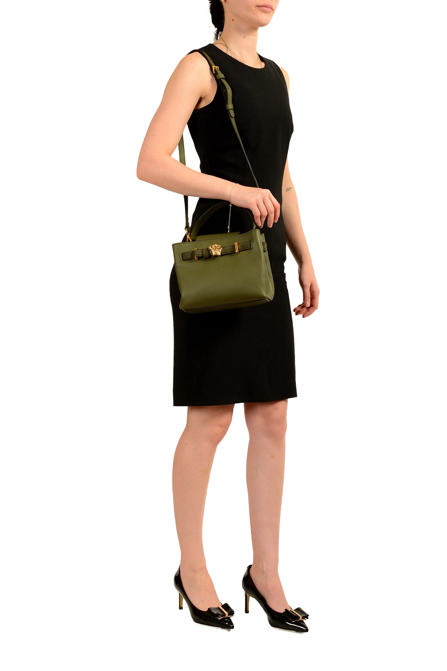 Versace Grained Leather & Suede Gold Medusa Mini Tote Handbag Shoulder Bag