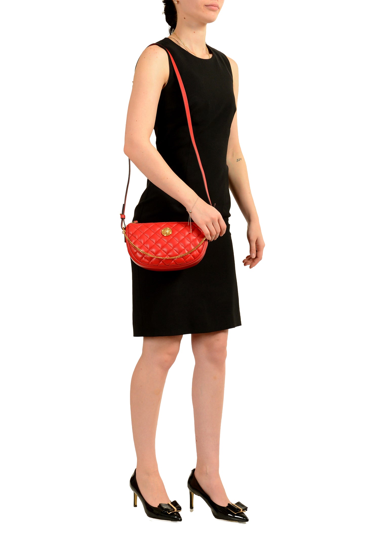 Versace Women's Leather Gold Medusa Quilted Half Moon Chain Handbag Shoulder Bag