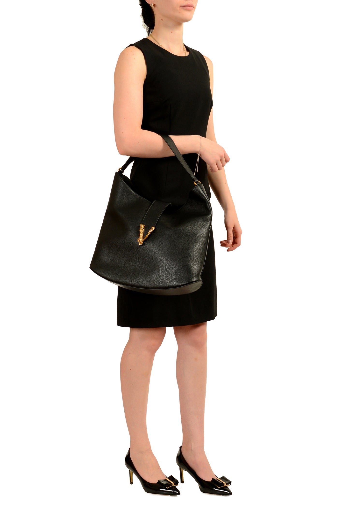 Versace Women's 100% Grainy Leather V-Logo Hobo Handbag Shoulder Bag