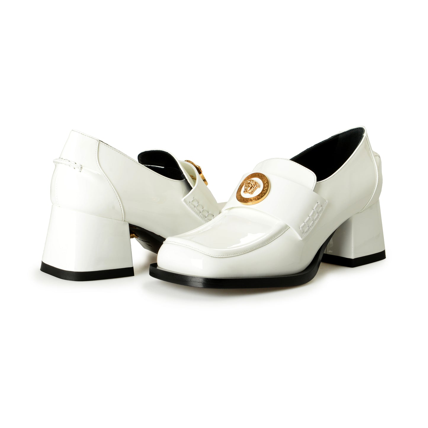 Versace Women's Gold Medusa Patent Leather Heeled Moccasins Shoes US 7.5 IT 37.5