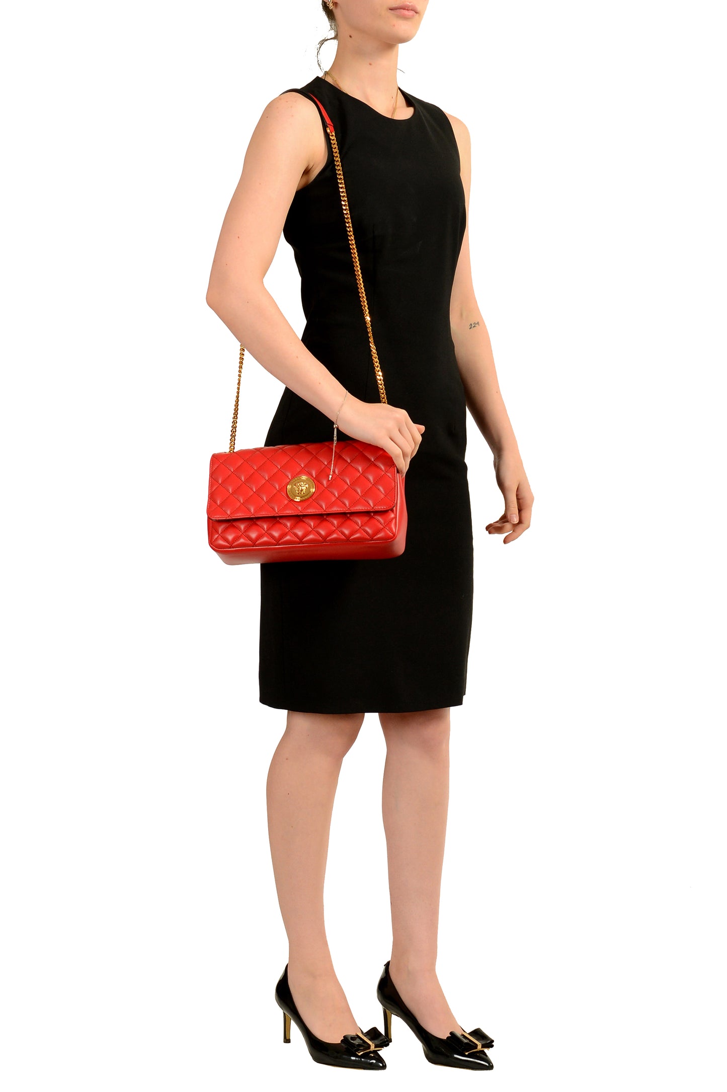 Versace Women's Red Leather Gold Medusa Quilted Handbag Shoulder Bag