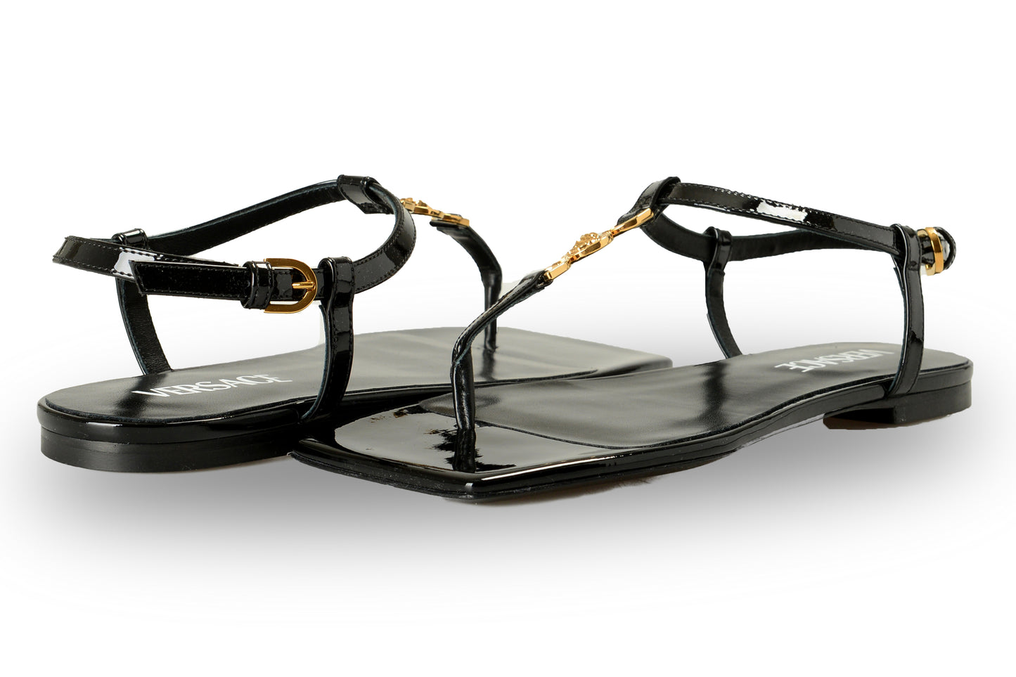 Versace Women's Black Patent Gold Medusa Leather Flat Sandals Shoes US 6 IT 36