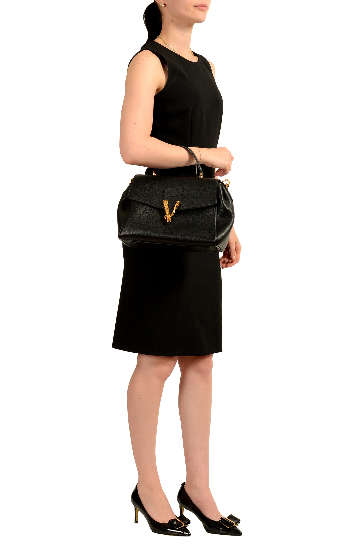 Versace Women's Black Grainy Leather Gold V Logo Satchel Handbag Shoulder Bag