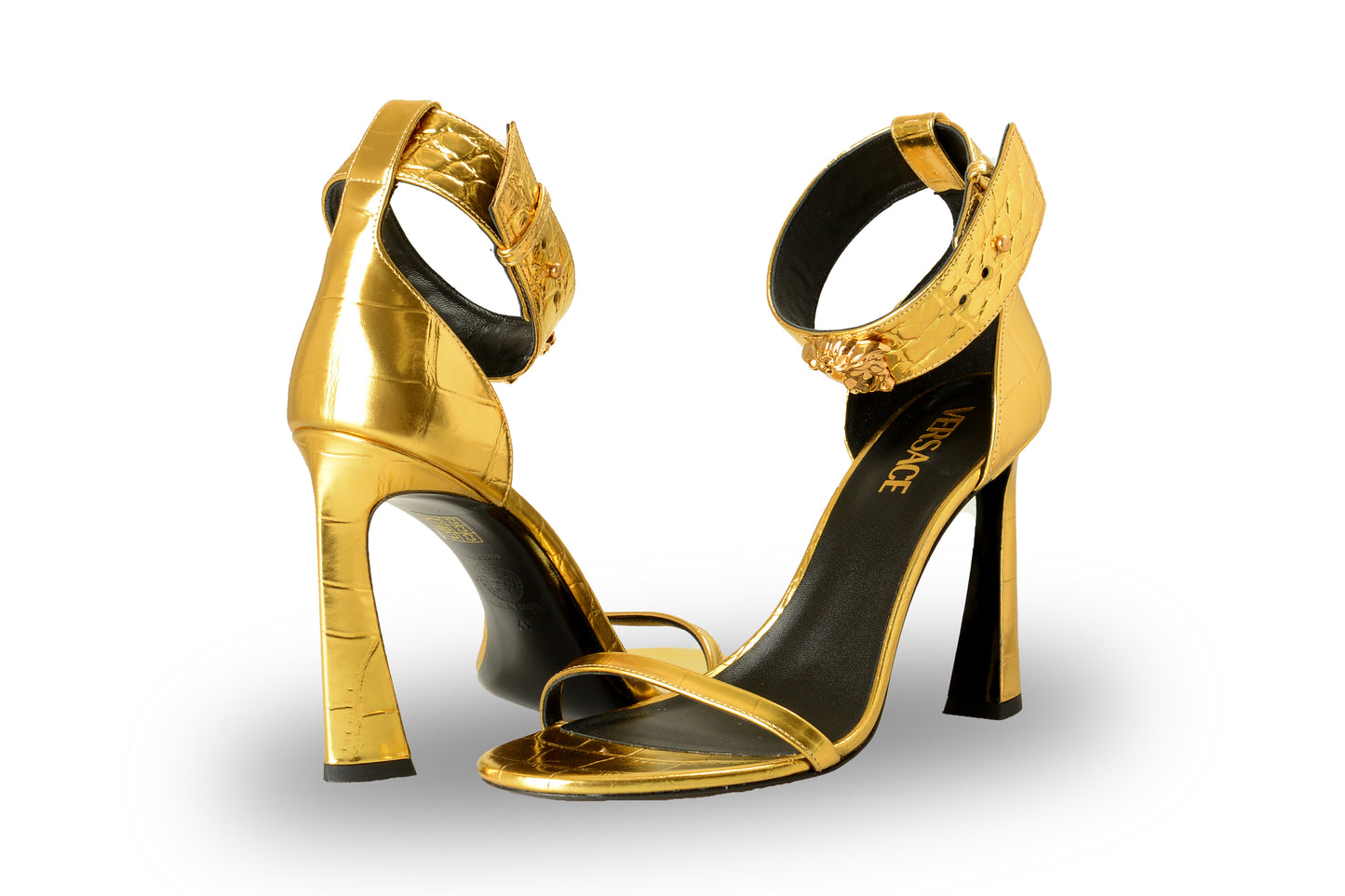 Versace Women's Gold 100% Leather Croc Print Sandals Shoes US 5 IT 35