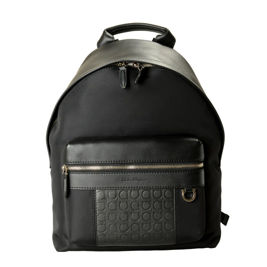 Salvatore Ferragamo Unisex Black Leather & Canvas Logo Print Backpack