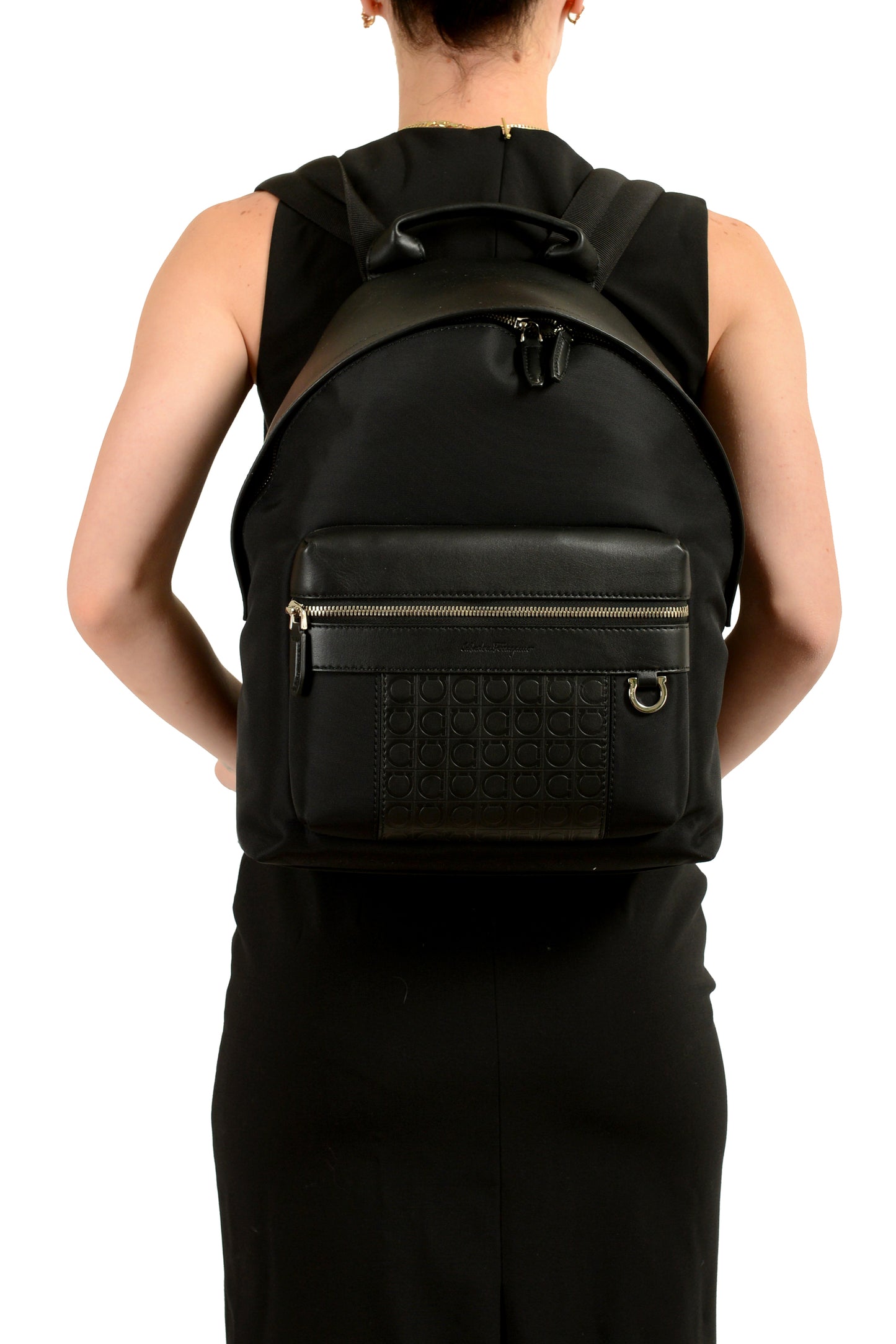 Salvatore Ferragamo Unisex Black Leather & Canvas Logo Print Backpack