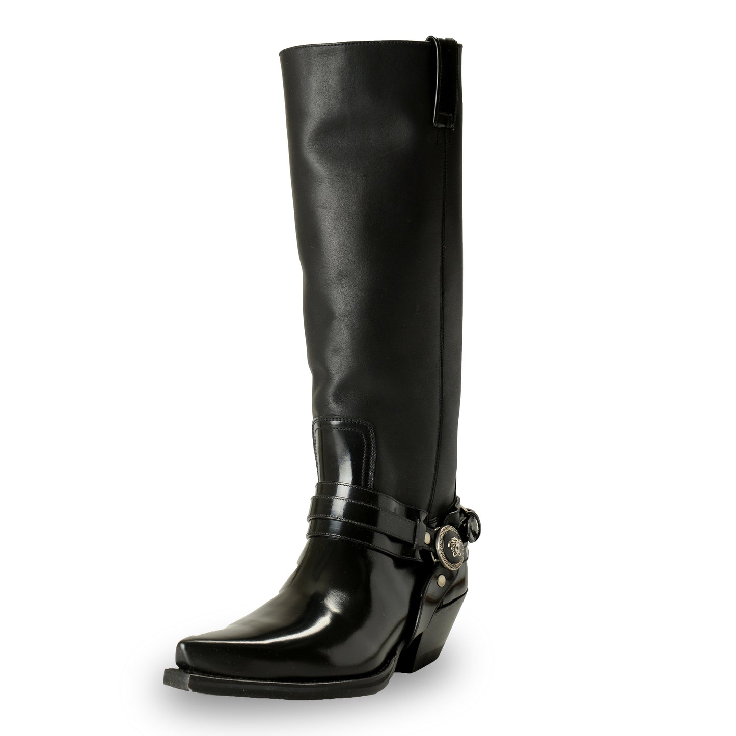 Versace Women's Leather Silver Medusa Heeled Cowgirl Boots Shoes US 6.5 IT 36.5