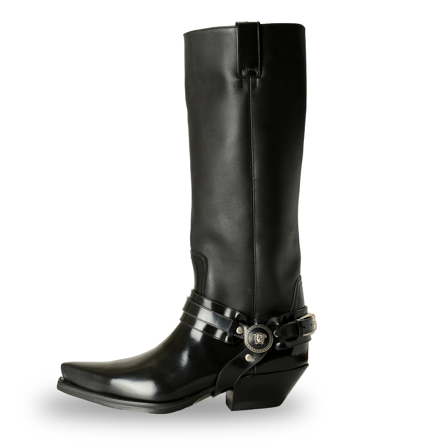 Versace Women's Leather Silver Medusa Heeled Cowgirl Boots Shoes US 6.5 IT 36.5