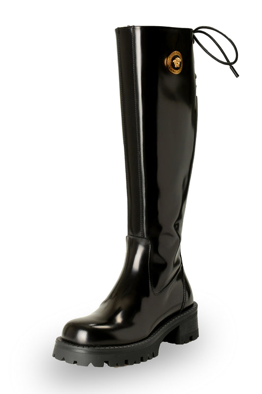 Versace Women's 100% Polished Leather Gold Medusa Boots Shoes US 5 IT 35
