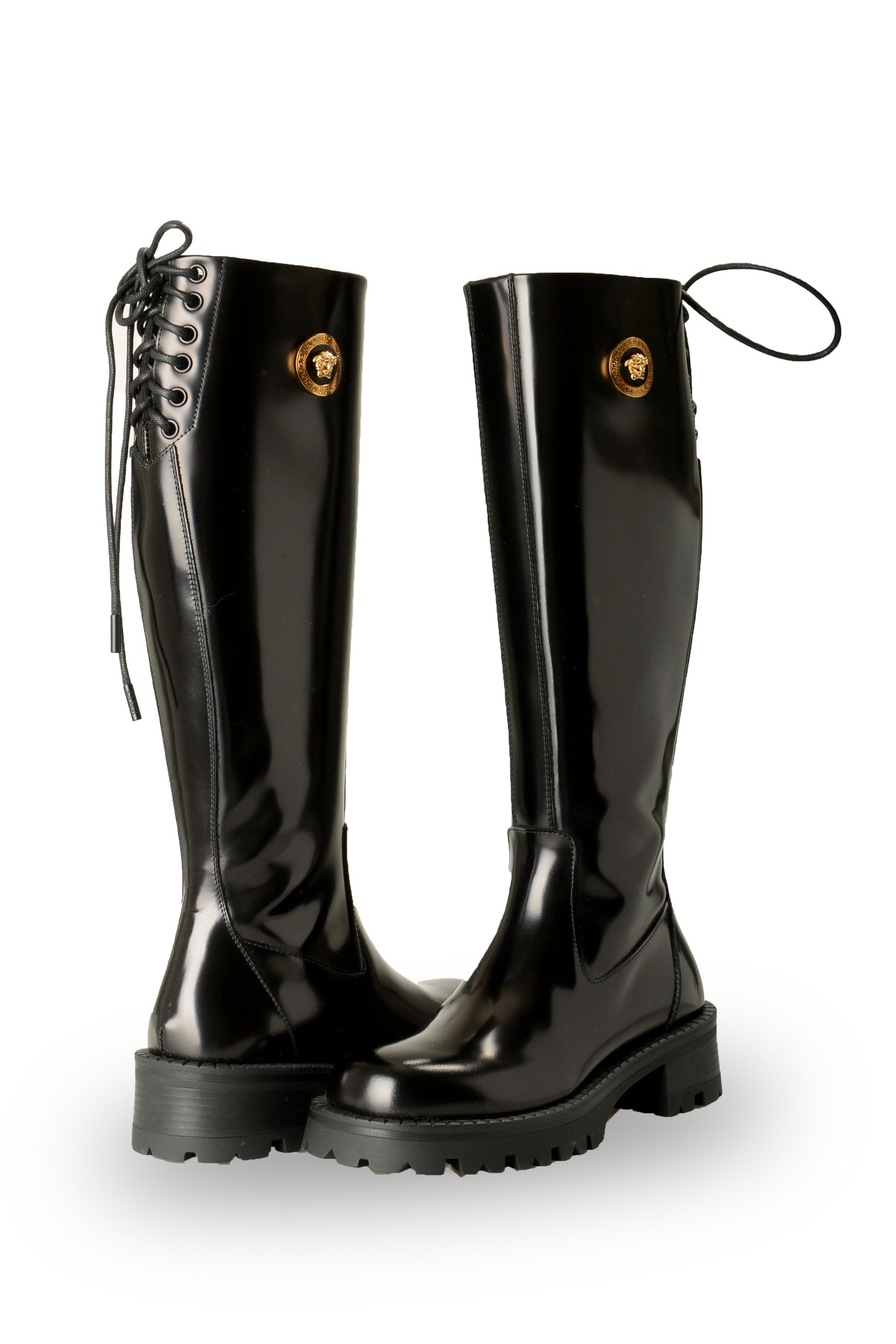 Versace Women's 100% Polished Leather Gold Medusa Boots Shoes US 5 IT 35