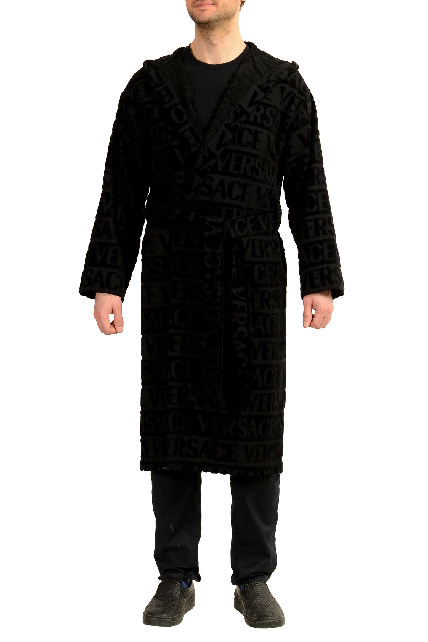 Versace Unisex Black Crystal 100% Cotton Hooded Belted Bathrobe Size XL