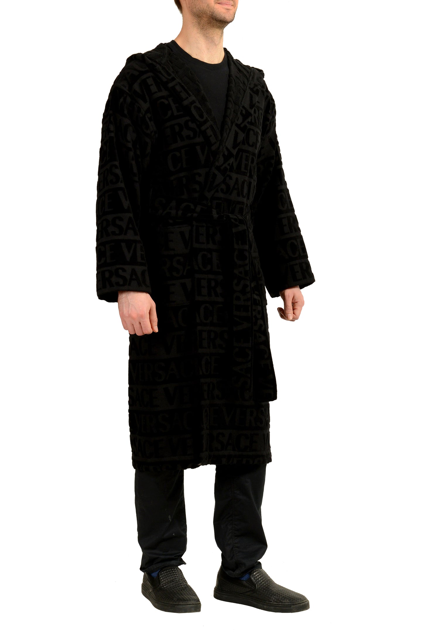 Versace Unisex Black Crystal 100% Cotton Hooded Belted Bathrobe Size XL