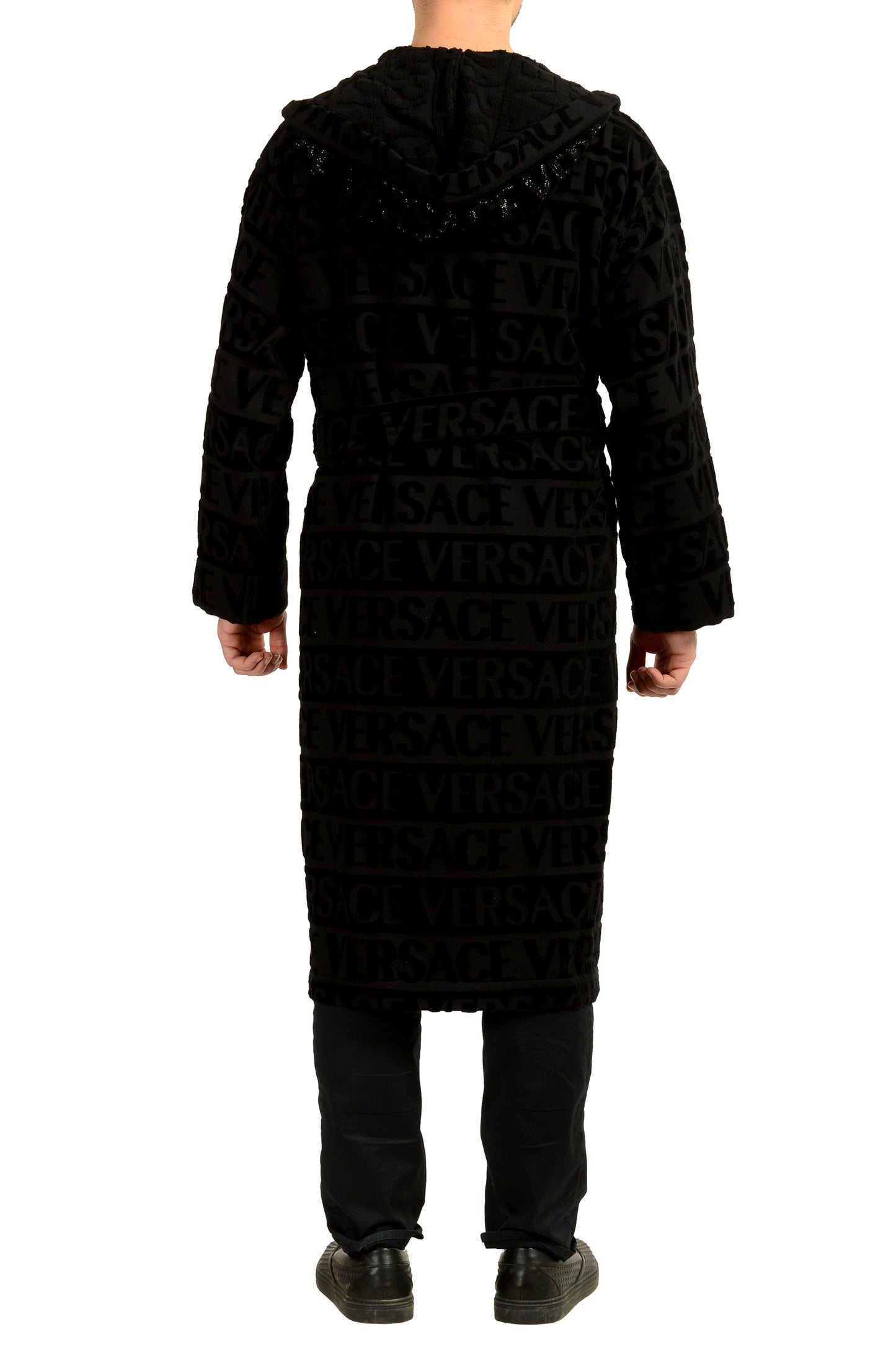 Versace Unisex Black Crystal 100% Cotton Hooded Belted Bathrobe Size XL