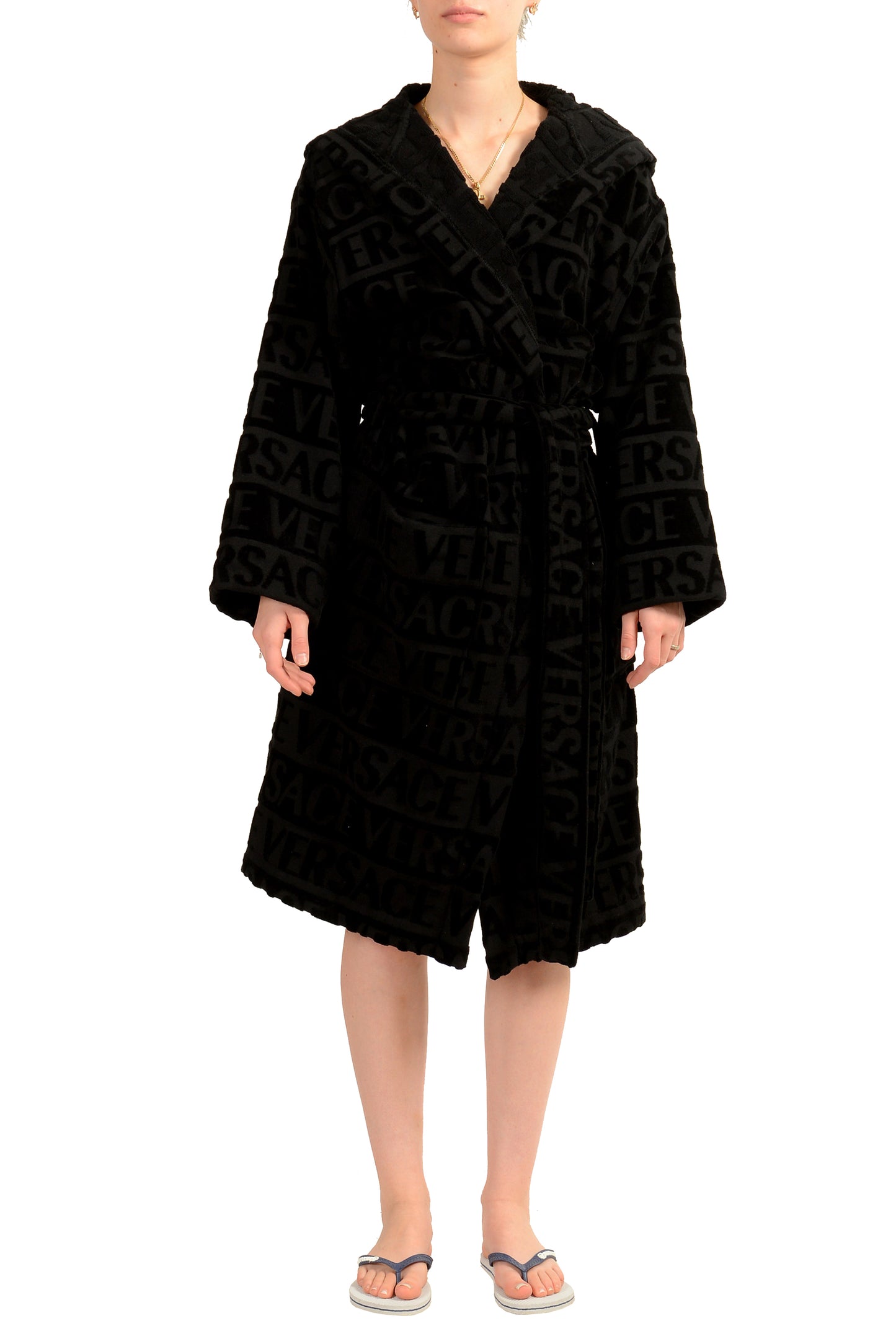Versace Unisex Black Crystal 100% Cotton Hooded Belted Bathrobe Size XL